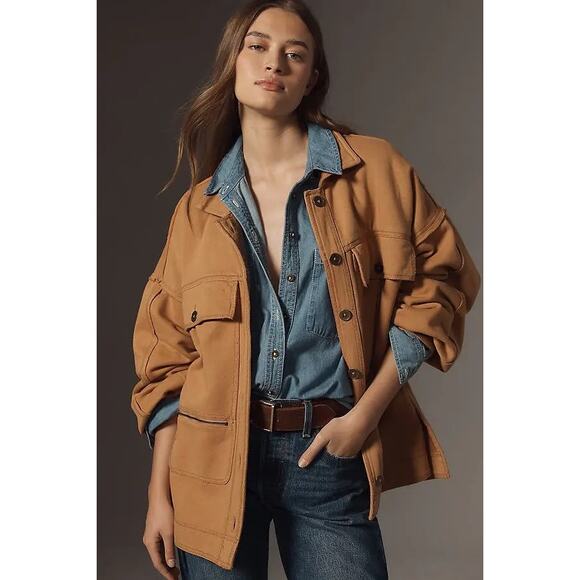 NWT Anthropologie Pilcro Cotton Oversized Chore Shacket Honey Cabincore Large - Picture 1 of 9